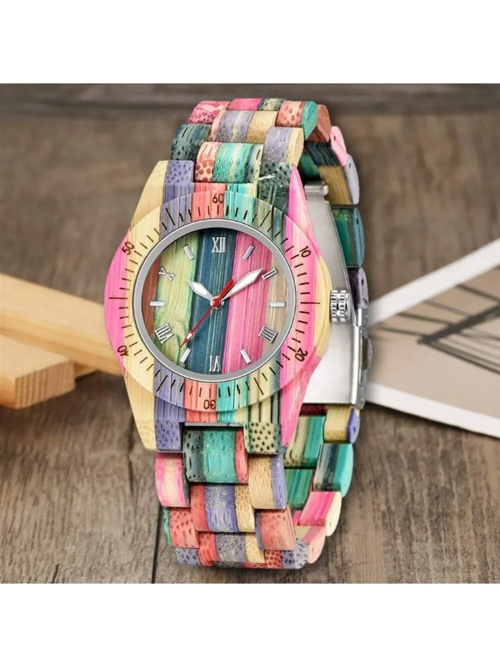 Women's Multi Colorful Analog Quartz Couples Bamboo Classic Design Wooden Watch
